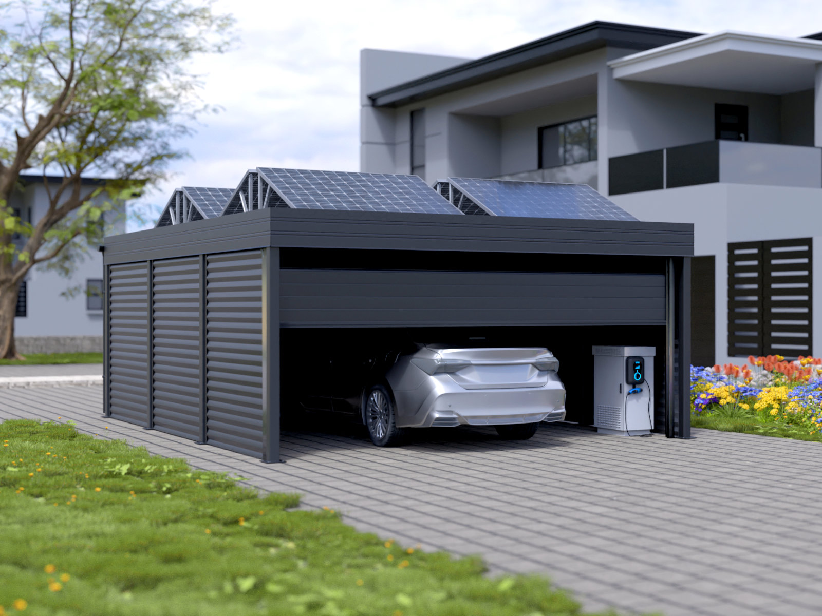 Autarke Carport mit Garagentor und Solarpaneelen, geparktes Auto und Ladestation
