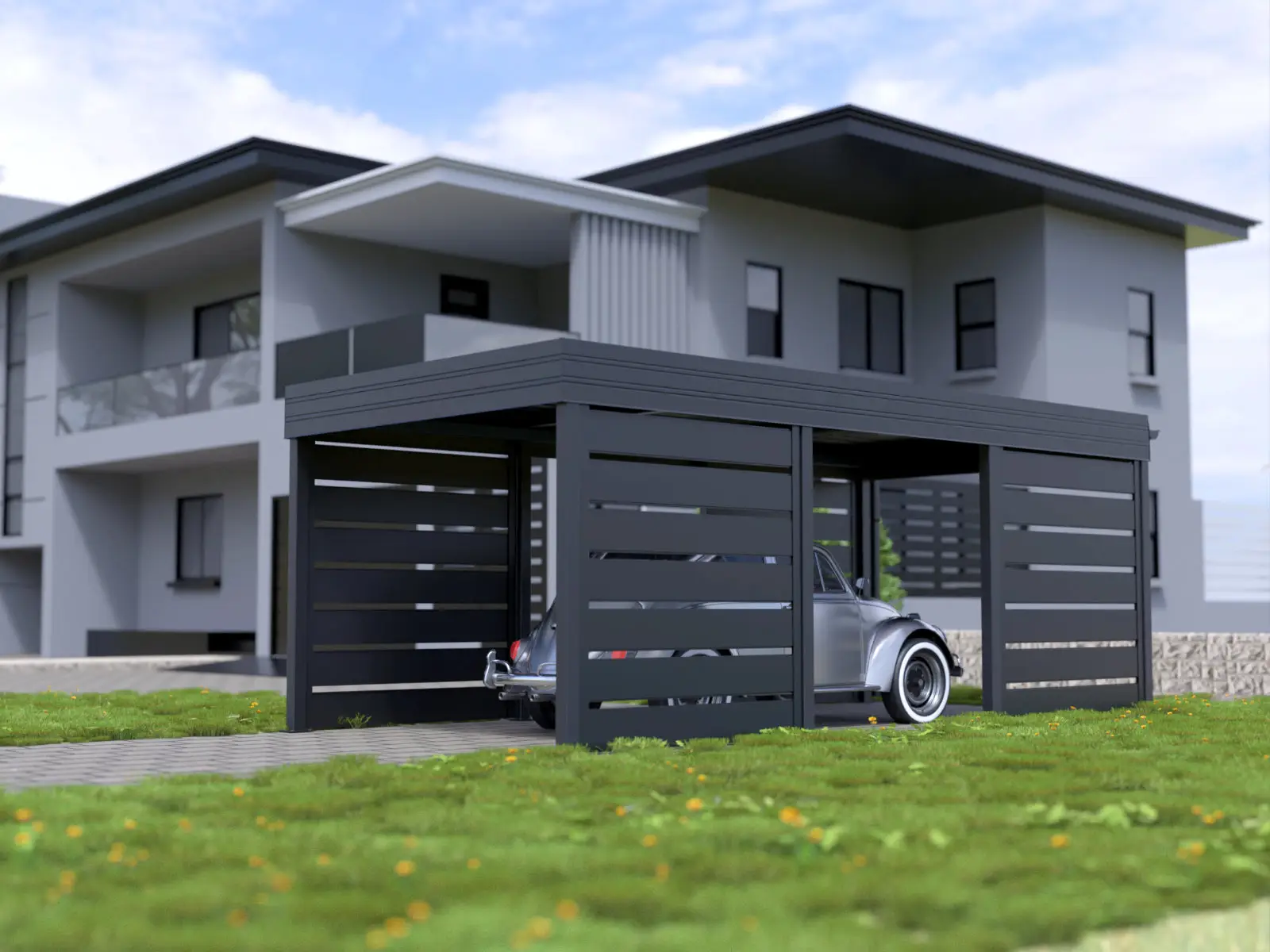 Ein Auto unter einem Carport mit Seitenwänden