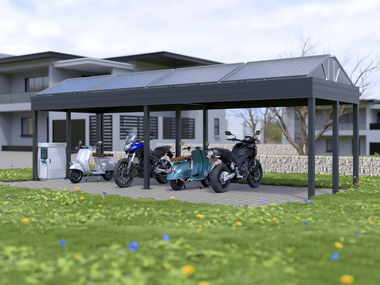 Carport aus Polen mit Solarpaneelen für Zweiräder