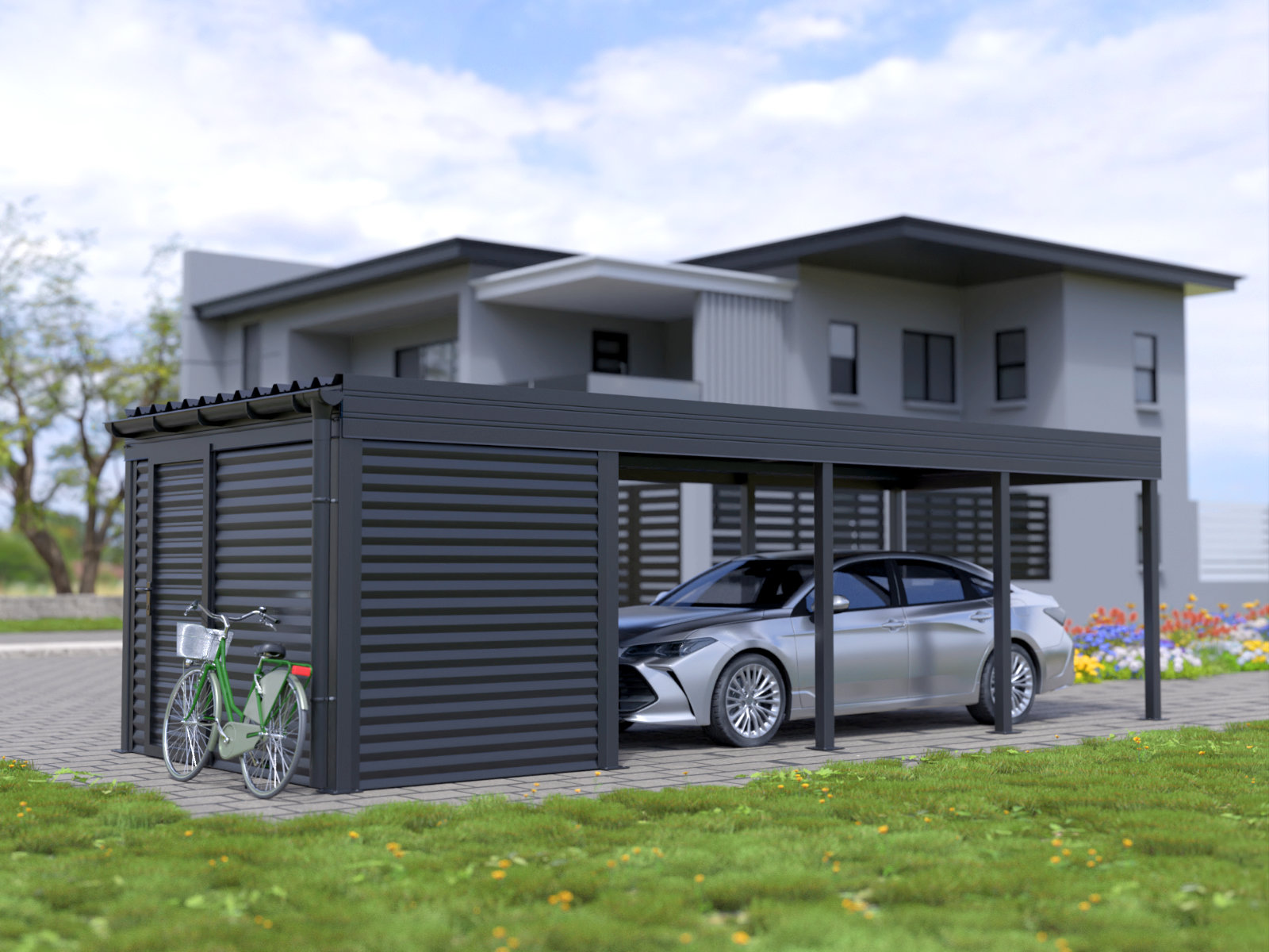 Carport mit Stauraum, Fenstern und Türen, geparktes Auto und Fahrrad