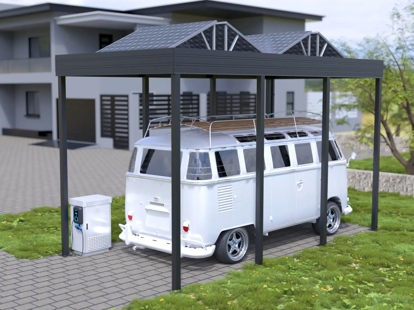 Ein Wohnmobil unter einem elektrischen Carport für große Fahrzeuge