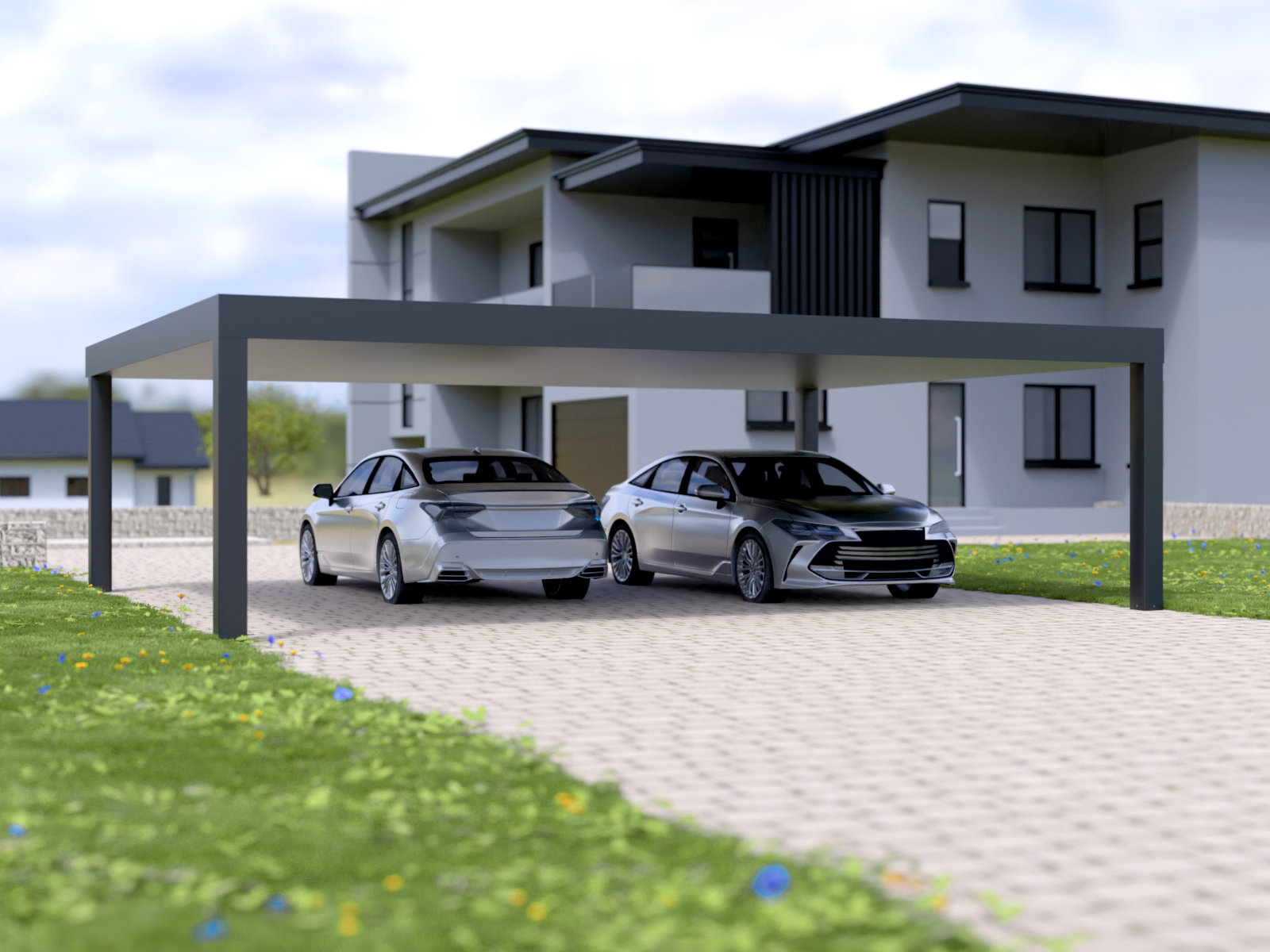 Moderne Überdachung mit gepflastertem Fundament und zwei geparkten Autos